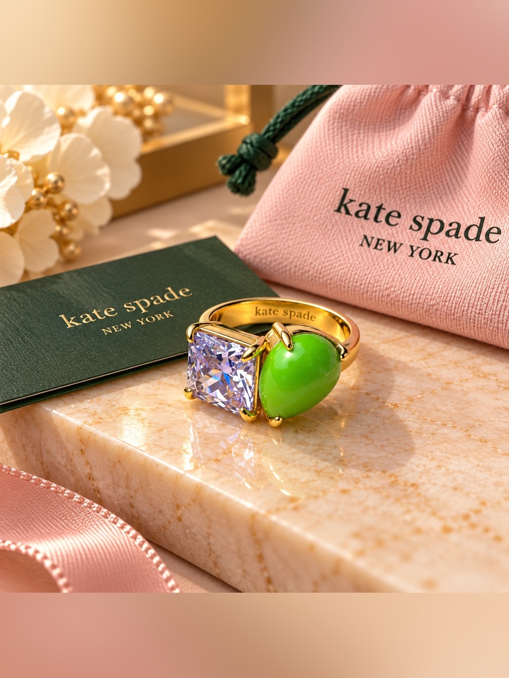 kate spade Gold Ring with Lime Green Heart and Clear Square Stone